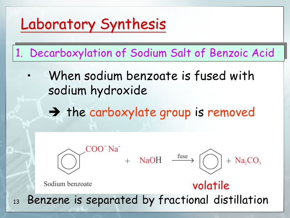 Laboratory Synthesis 1. Decarboxylation of Sodium Salt of Benzoic Acid. When sodium benzoate is fused with sodium hydroxide.