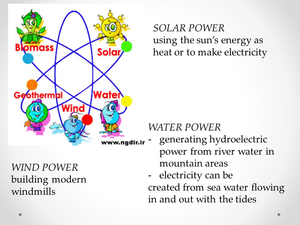 SOLAR POWER using the sun’s energy as heat or to make electricity. WATER POWER. generating hydroelectric power from river water in mountain areas.