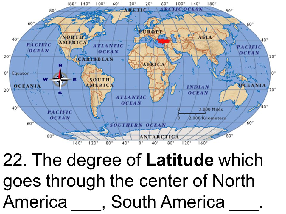 22. The degree of Latitude which goes through the center of North America ___, South America ___.