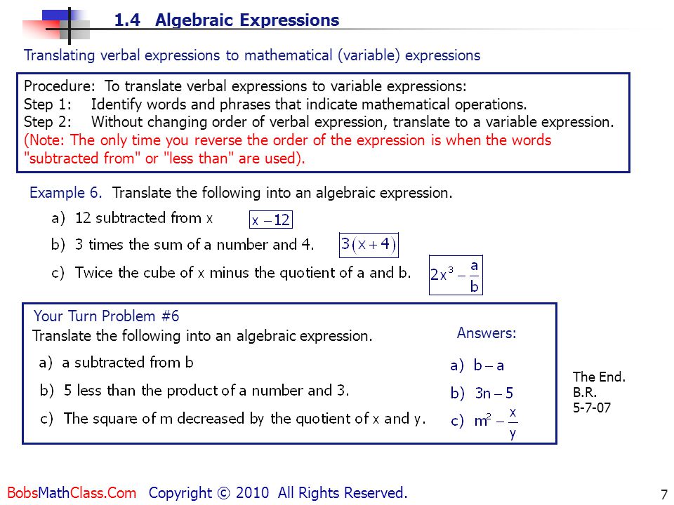 Translating verbal expressions to mathematical (variable) expressions