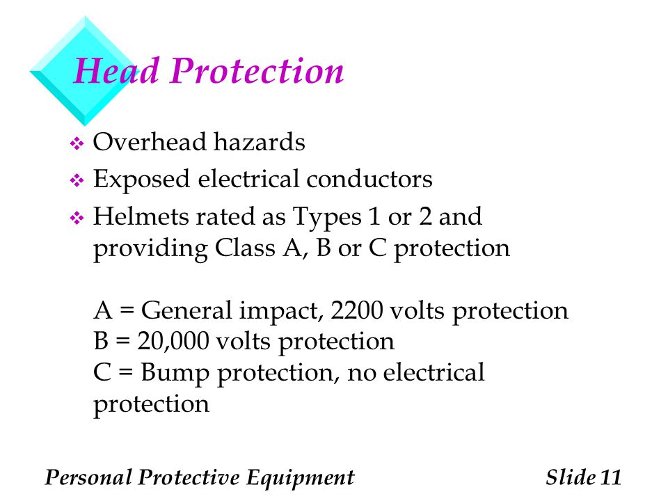 Head Protection Overhead hazards Exposed electrical conductors