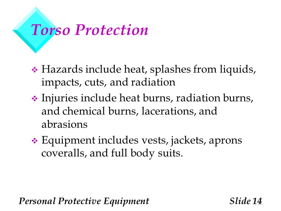 Torso Protection Hazards include heat, splashes from liquids, impacts, cuts, and radiation.