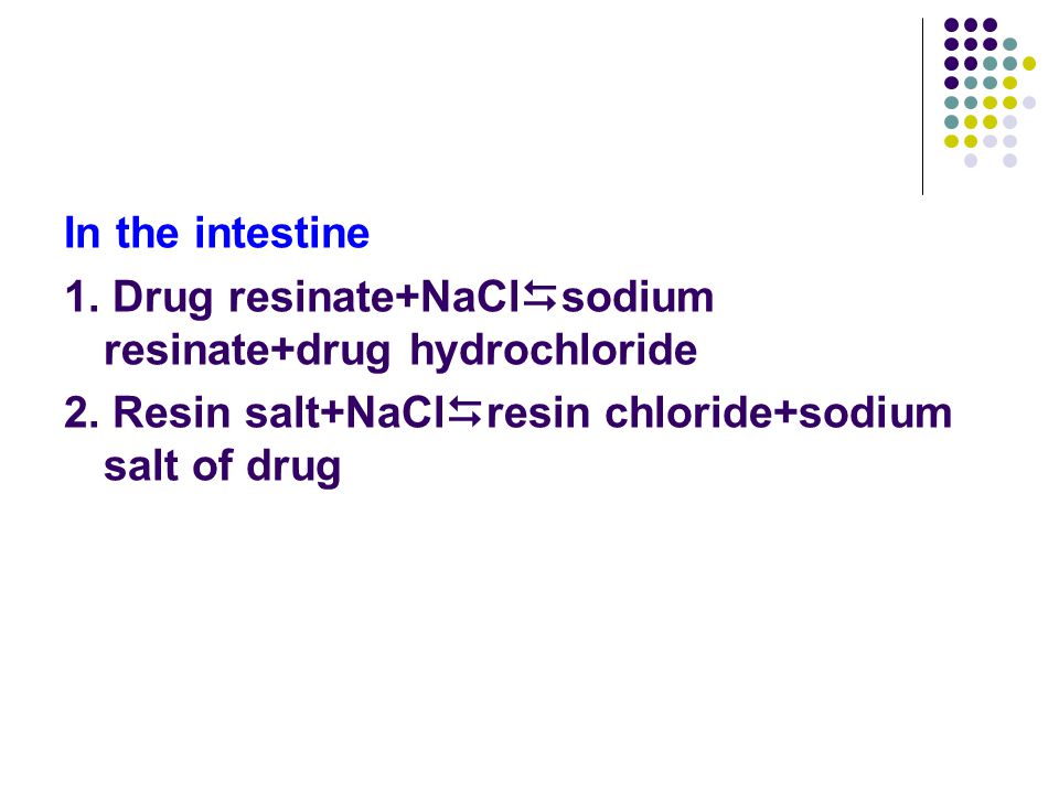 In the intestine 1. Drug resinate+NaClsodium resinate+drug hydrochloride.
