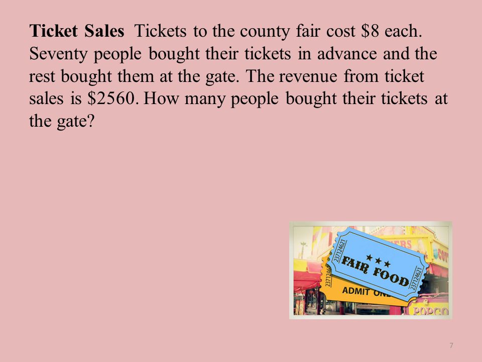 Ticket Sales Tickets to the county fair cost $8 each
