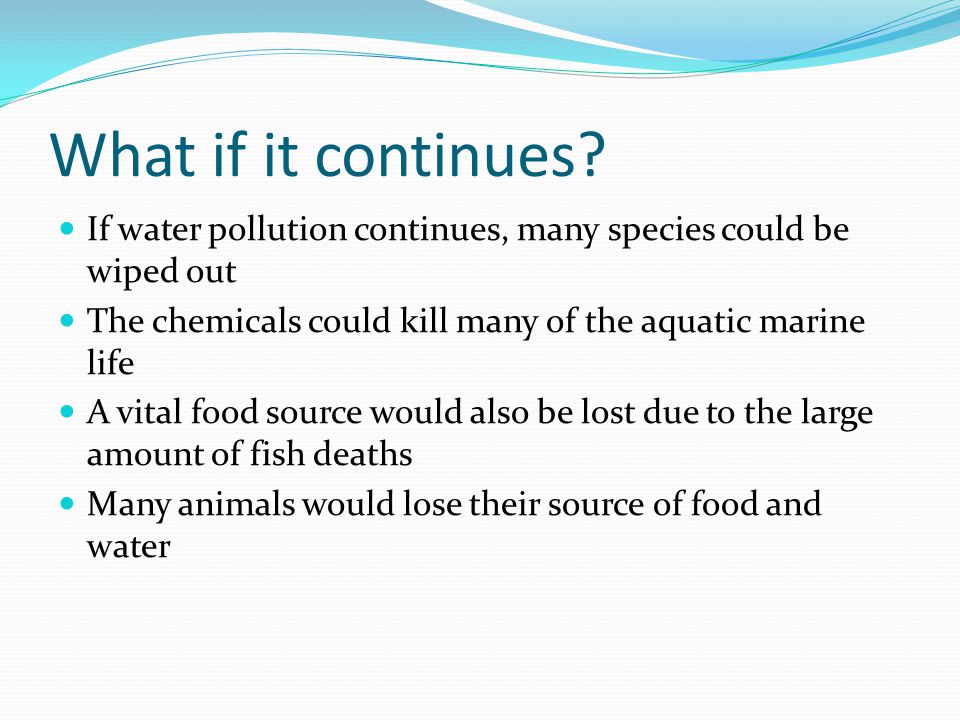 What if it continues If water pollution continues, many species could be wiped out. The chemicals could kill many of the aquatic marine life.
