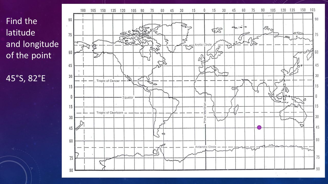 Find the latitude and longitude of the point 45°S, 82°E