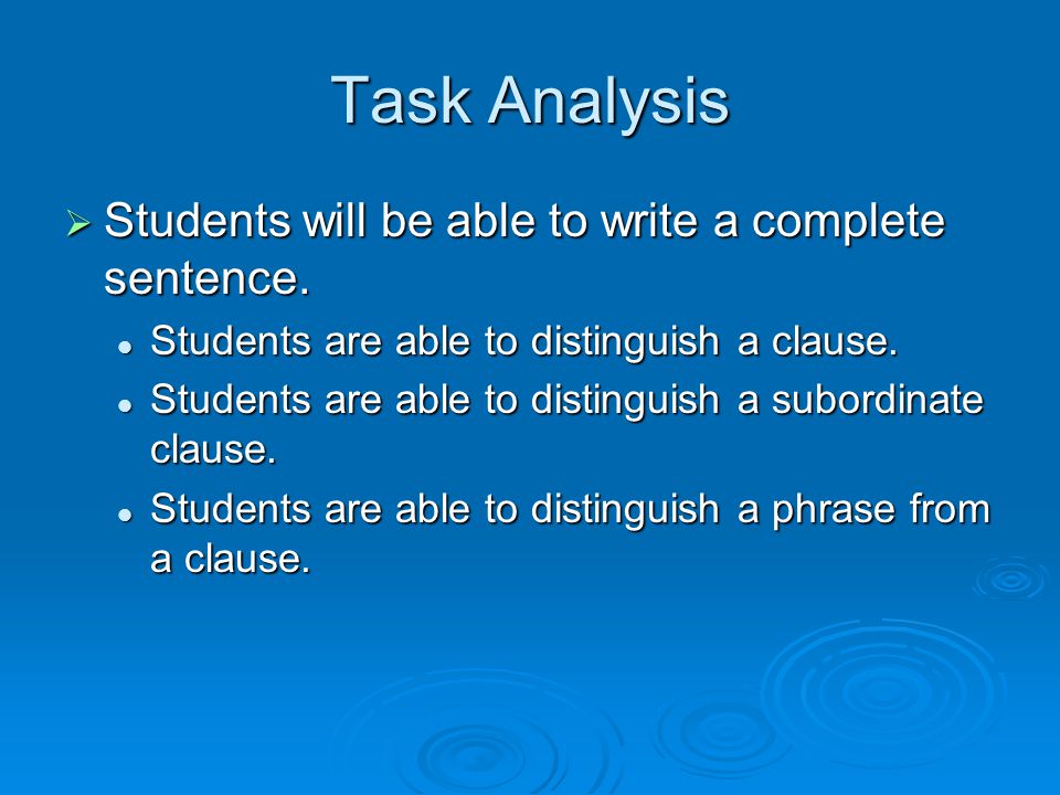 Task Analysis Students will be able to write a complete sentence.