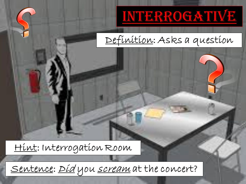 interrogative Definition: Asks a question Hint: Interrogation Room