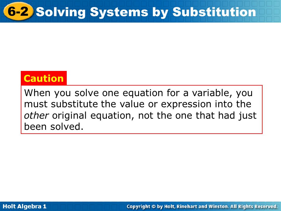 When you solve one equation for a variable, you must substitute the value or expression into the other original equation, not the one that had just been solved.