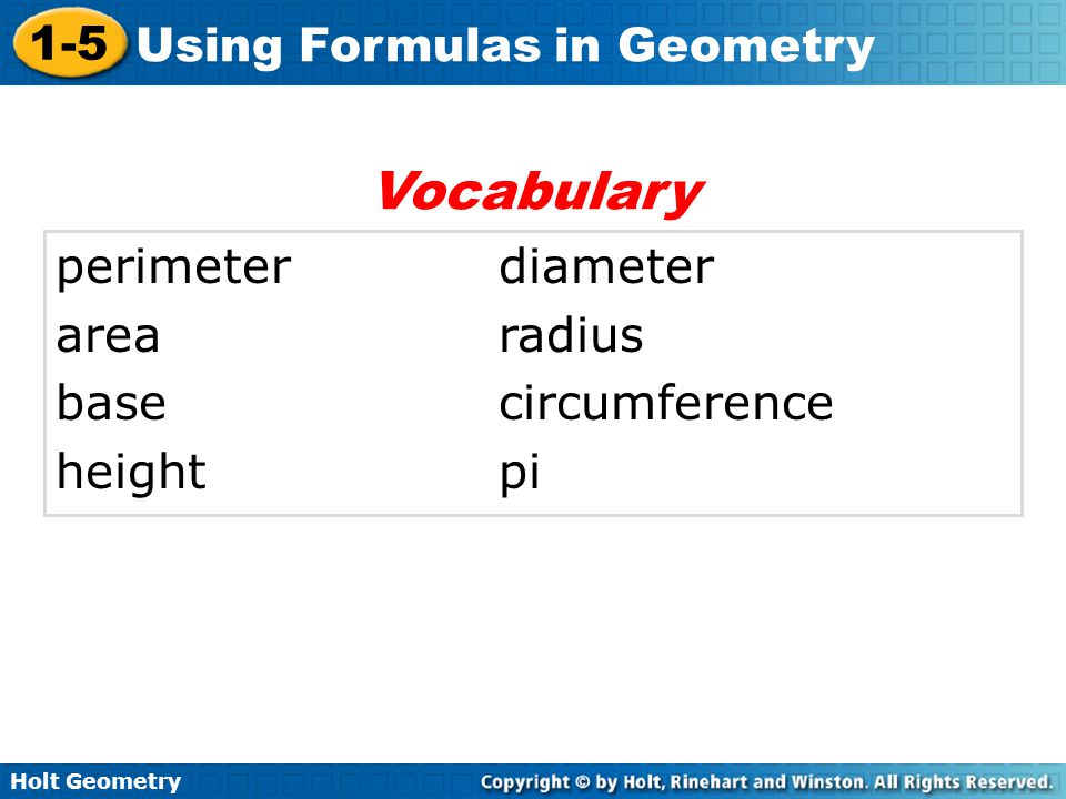 Vocabulary perimeter diameter area radius base circumference height pi