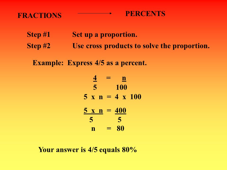 PERCENTS FRACTIONS. Step #1 Set up a proportion. Step #2 Use cross products to solve the proportion.