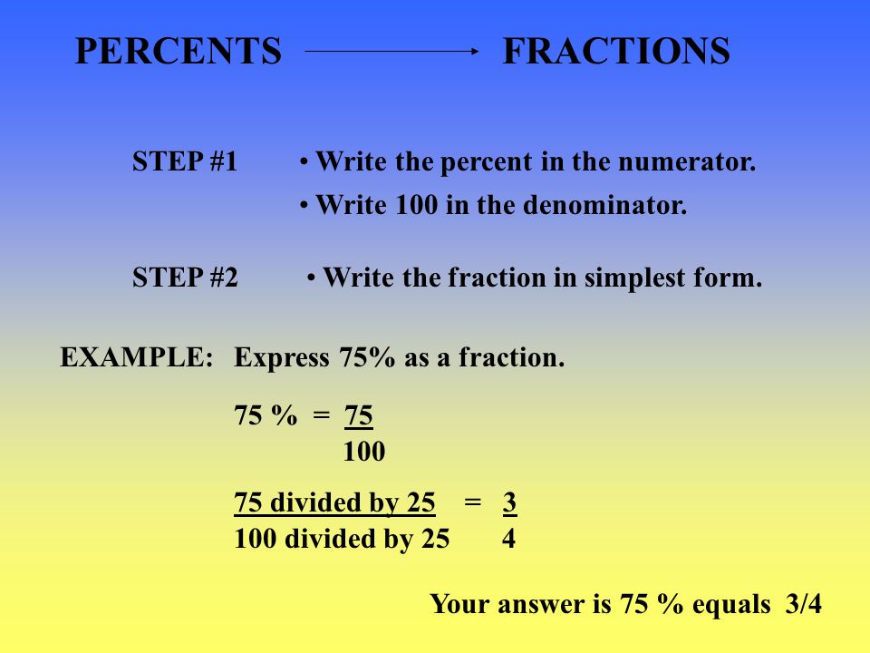 PERCENTS FRACTIONS STEP #1 Write the percent in the numerator.