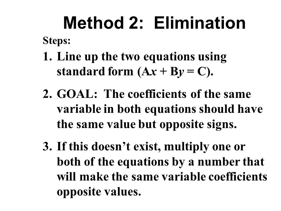 Method 2: Elimination Steps: Line up the two equations using standard form (Ax + By = C).
