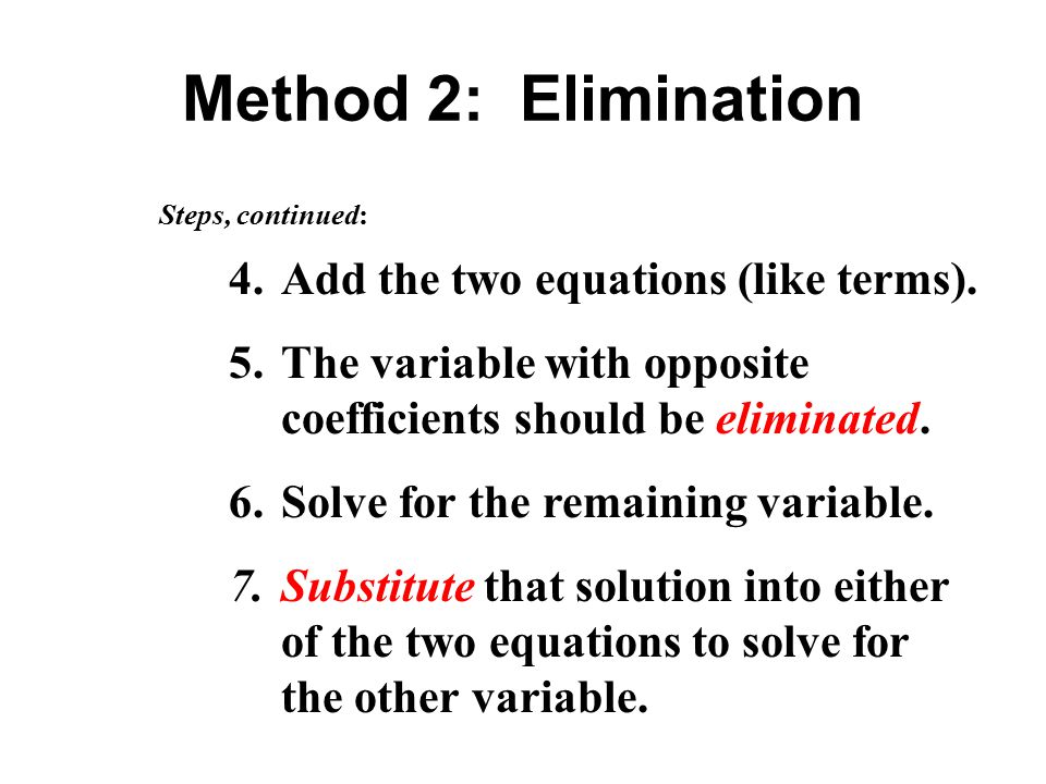 Method 2: Elimination Add the two equations (like terms).