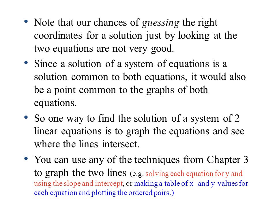 Note that our chances of guessing the right coordinates for a solution just by looking at the two equations are not very good.
