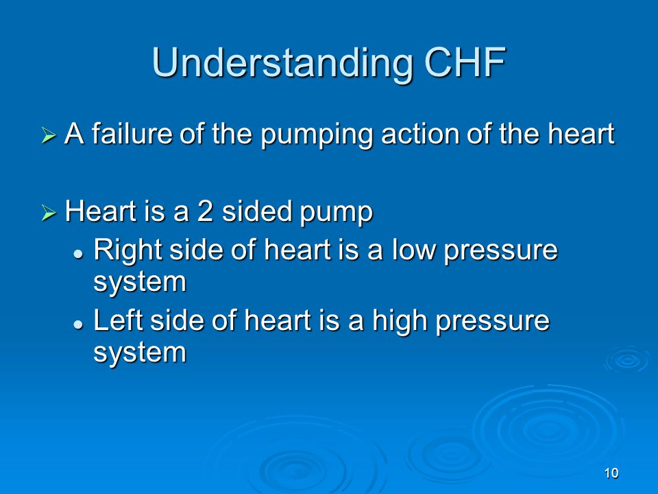Understanding CHF A failure of the pumping action of the heart