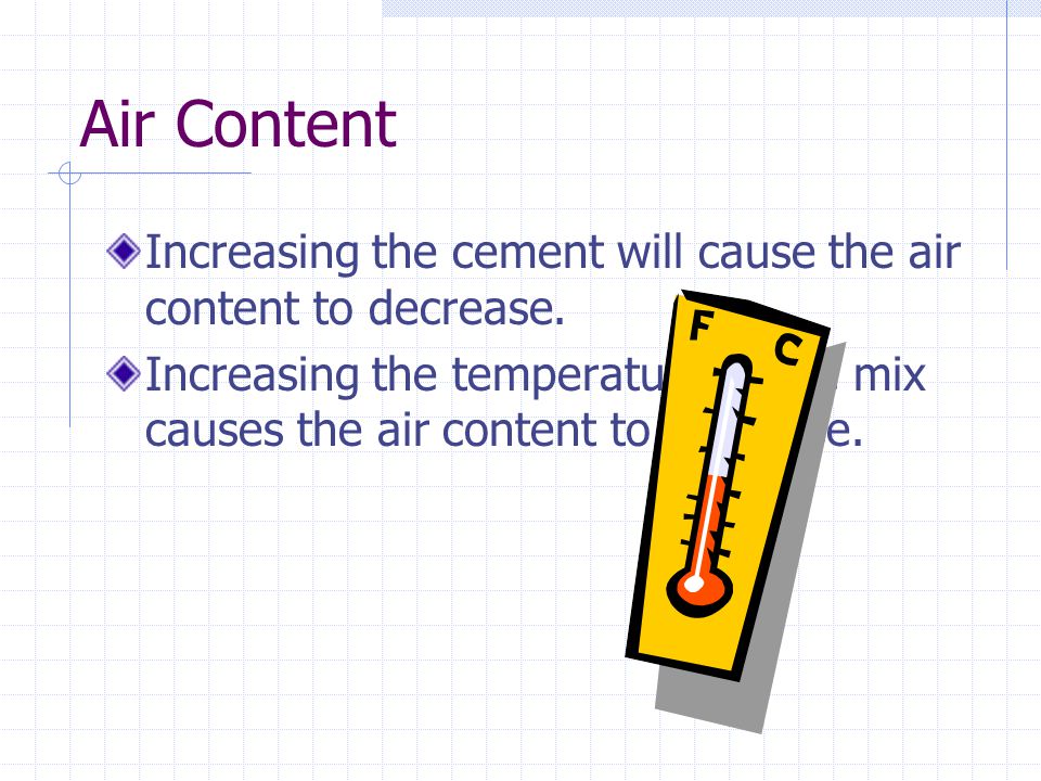 Air Content Increasing the cement will cause the air content to decrease.