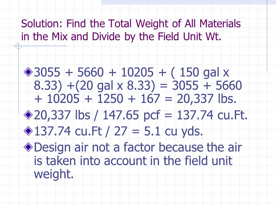 Solution: Find the Total Weight of All Materials in the Mix and Divide by the Field Unit Wt.