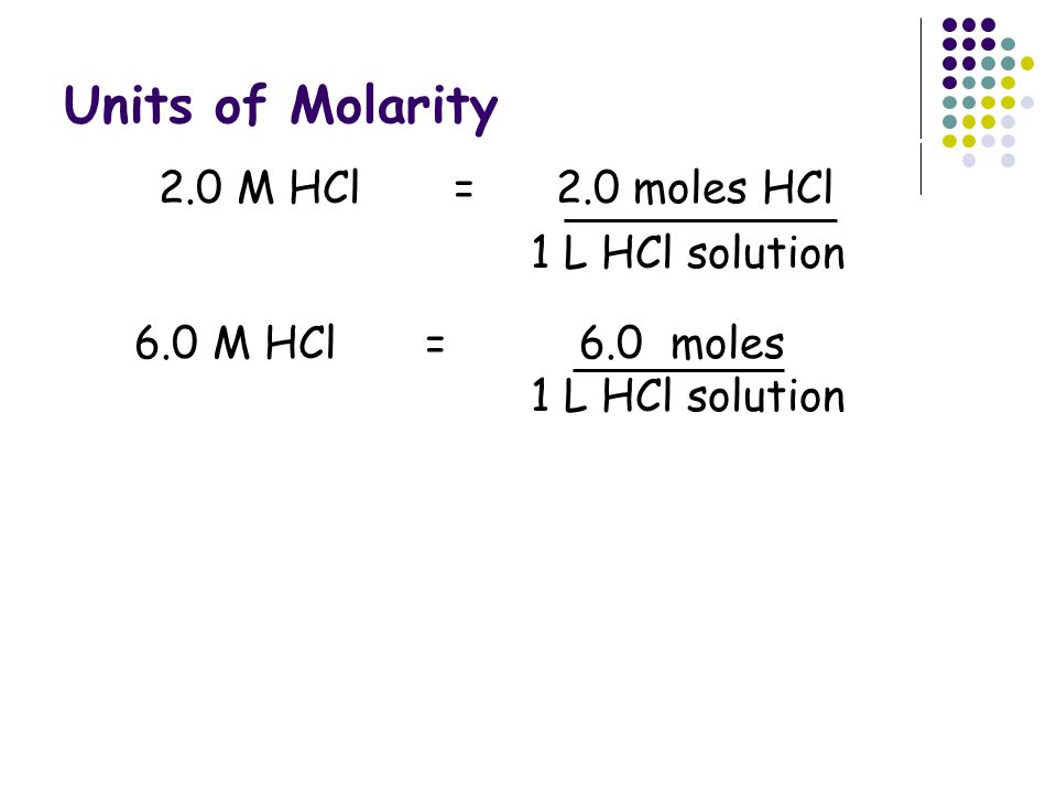 Units of Molarity 2.0 M HCl = 2.0 moles HCl 1 L HCl solution
