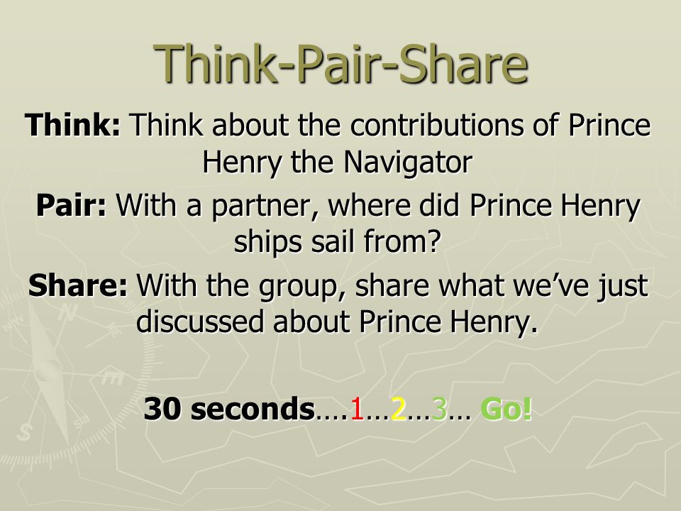 Think-Pair-Share Think: Think about the contributions of Prince Henry the Navigator. Pair: With a partner, where did Prince Henry ships sail from