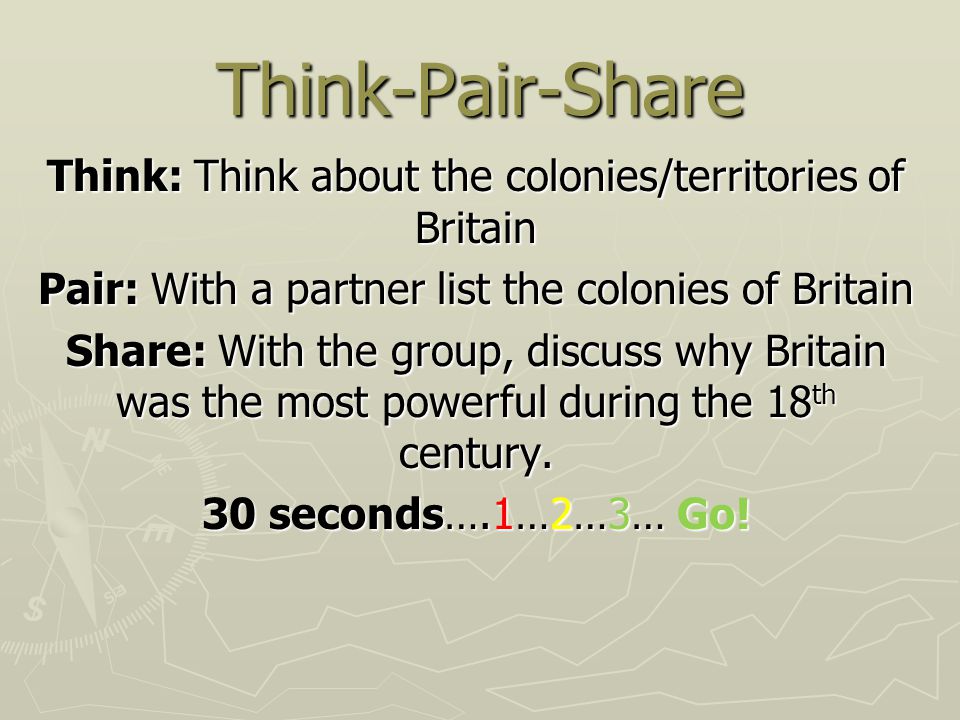 Think-Pair-Share Think: Think about the colonies/territories of Britain. Pair: With a partner list the colonies of Britain.