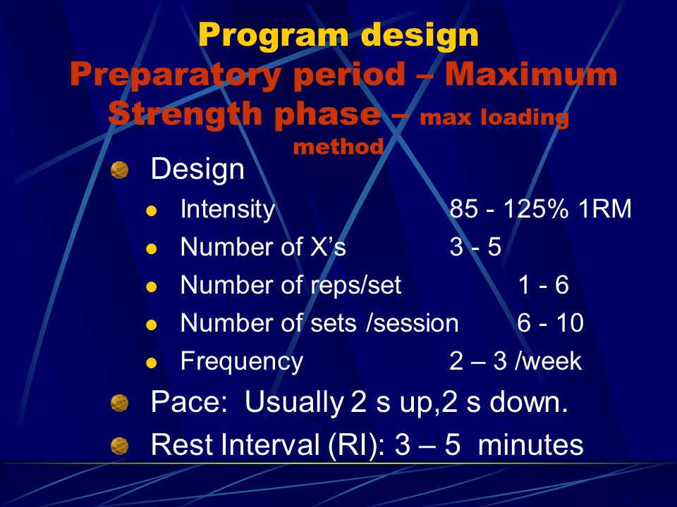 Program design Preparatory period – Maximum Strength phase – max loading method