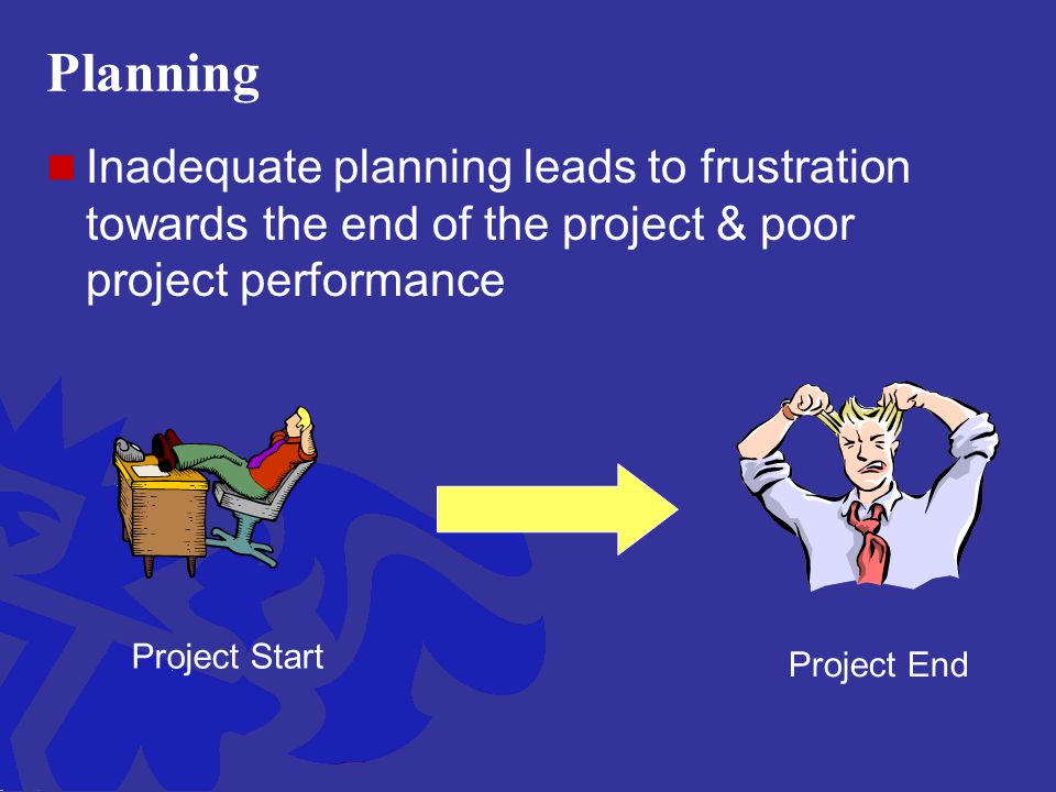 Planning Inadequate planning leads to frustration towards the end of the project & poor project performance.