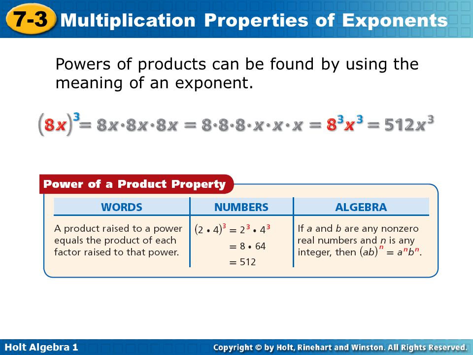 Powers of products can be found by using the meaning of an exponent.