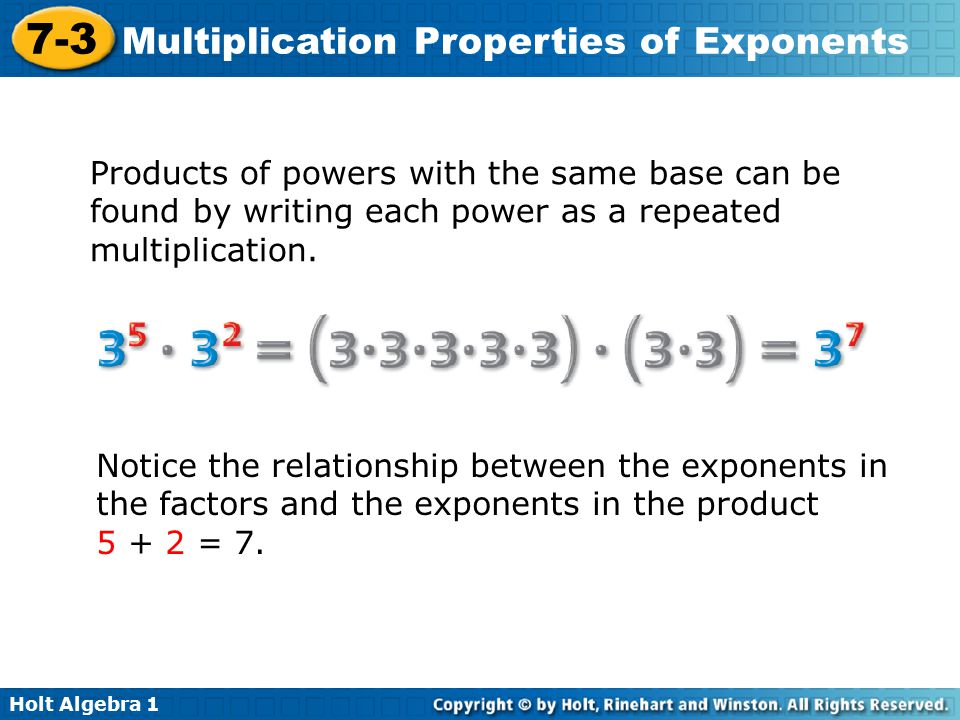 Products of powers with the same base can be found by writing each power as a repeated multiplication.
