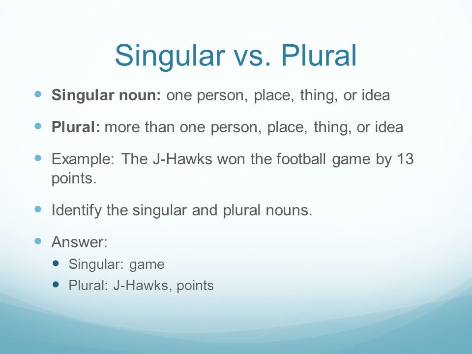Singular vs. Plural Singular noun: one person, place, thing, or idea