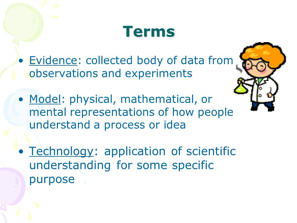 Terms Evidence: collected body of data from observations and experiments.
