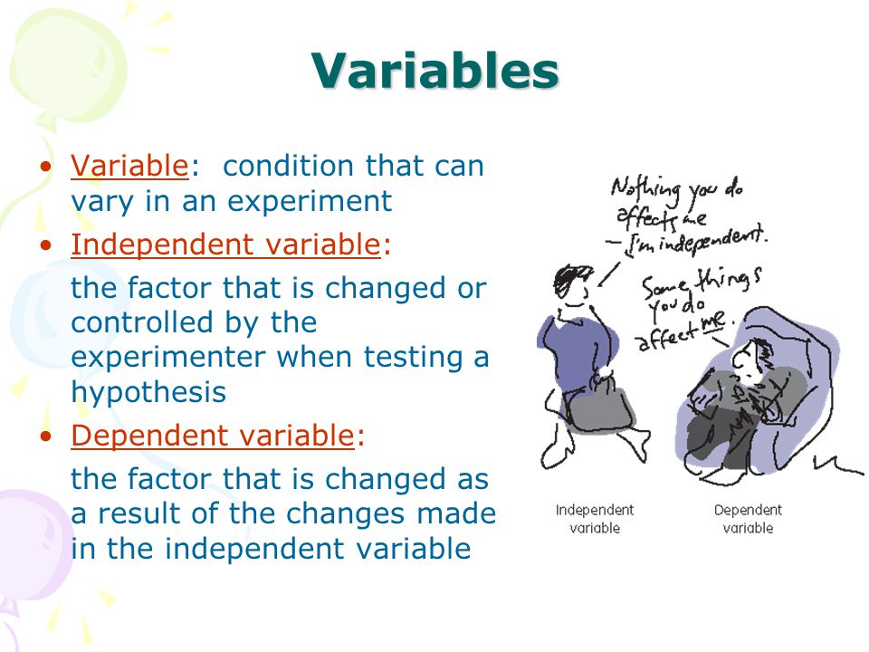 Variables Variable: condition that can vary in an experiment