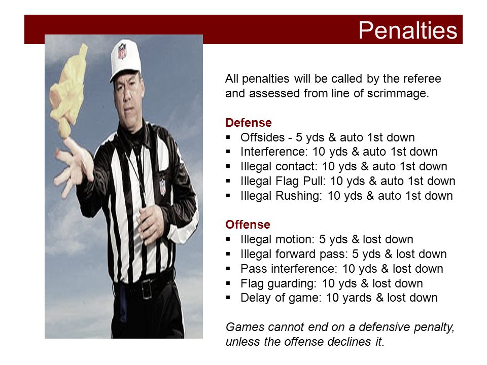 Penalties All penalties will be called by the referee and assessed from line of scrimmage. Defense.