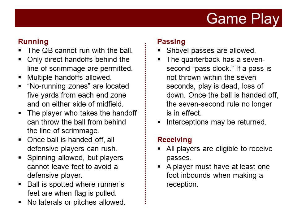 Game Play Running Passing The QB cannot run with the ball.