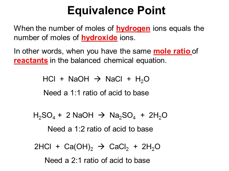 Equivalence Point When the number of moles of hydrogen ions equals the number of moles of hydroxide ions.