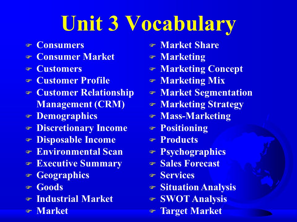 Unit 3 Vocabulary Consumers Consumer Market Customers Customer Profile