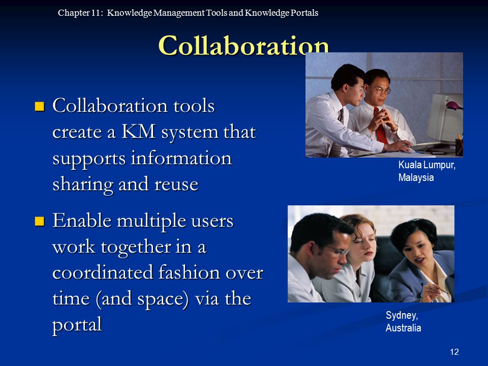 Collaboration Kuala Lumpur, Malaysia. Collaboration tools create a KM system that supports information sharing and reuse.