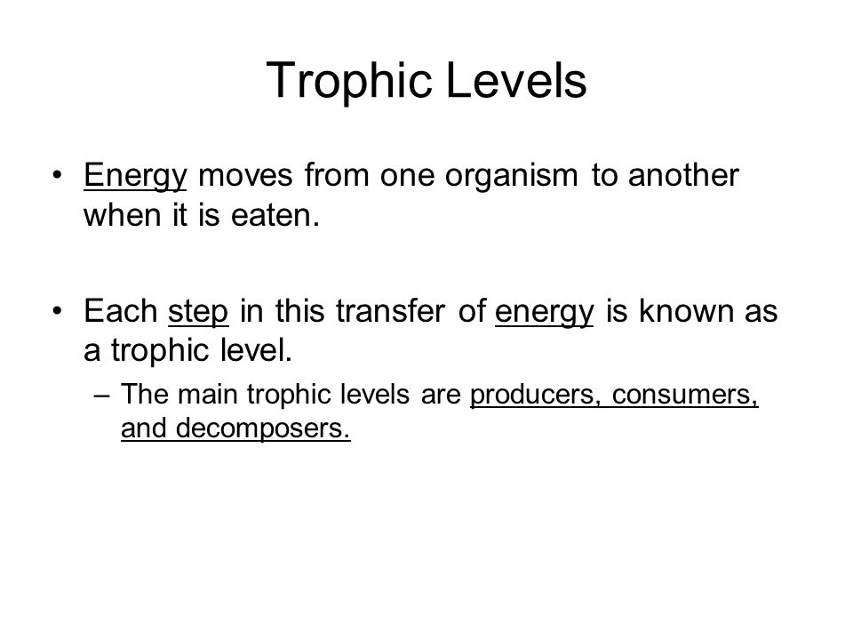 Trophic Levels Energy moves from one organism to another when it is eaten. Each step in this transfer of energy is known as a trophic level.