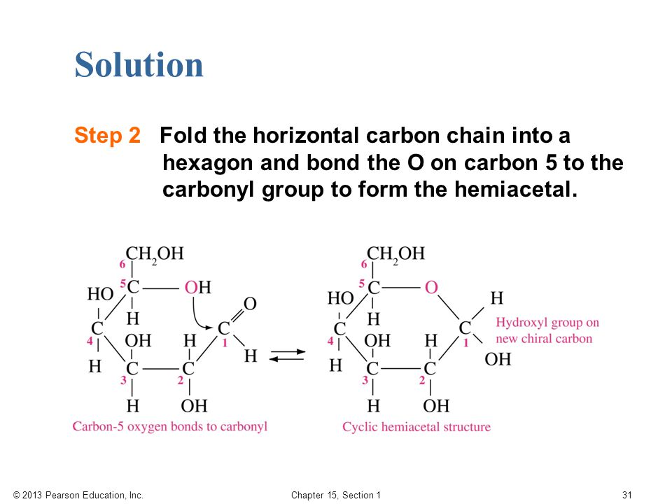 Solution Step 2 Fold the horizontal carbon chain into a hexagon and bond the O on carbon 5 to the carbonyl group to form the hemiacetal.
