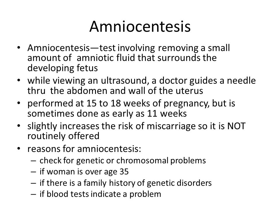 Amniocentesis Amniocentesis—test involving removing a small amount of amniotic fluid that surrounds the developing fetus.