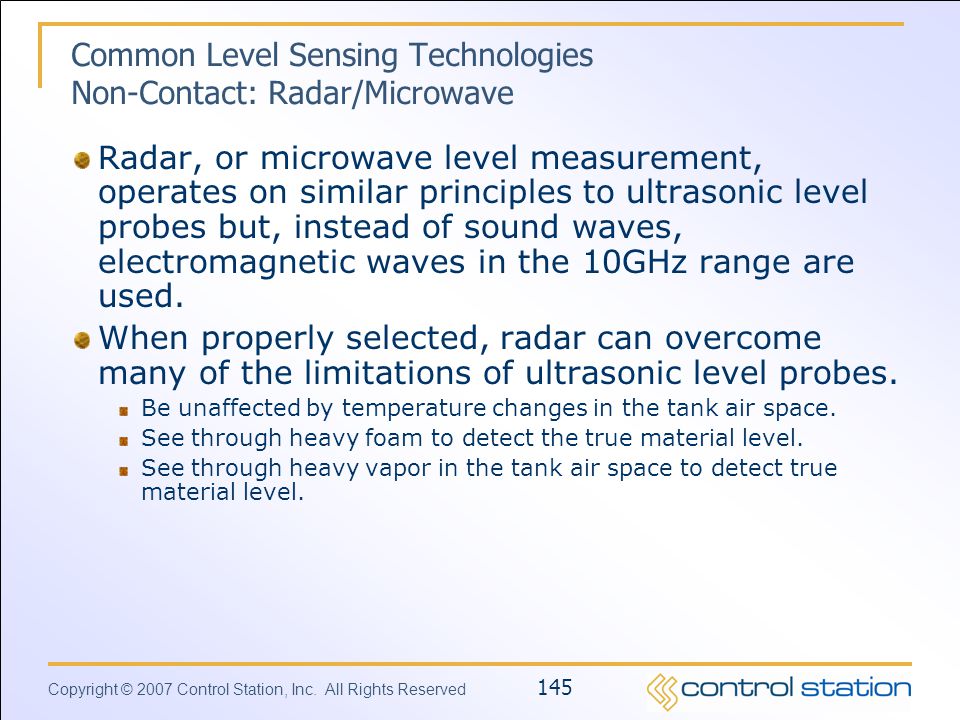 Common Level Sensing Technologies Non-Contact: Radar/Microwave
