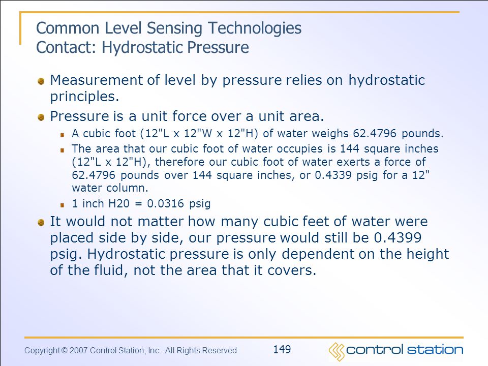 Common Level Sensing Technologies Contact: Hydrostatic Pressure