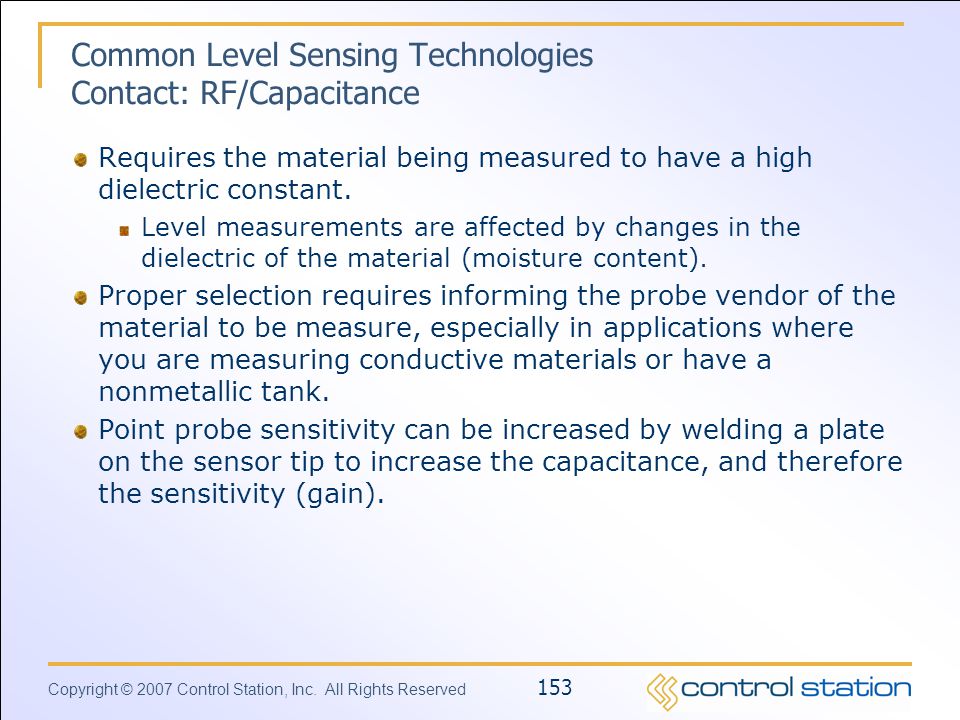 Common Level Sensing Technologies Contact: RF/Capacitance