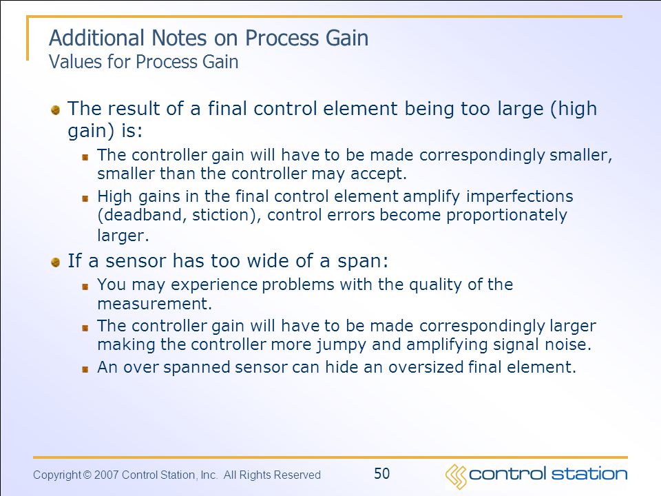 Additional Notes on Process Gain Values for Process Gain