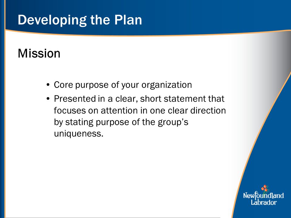 Developing the Plan Mission Core purpose of your organization