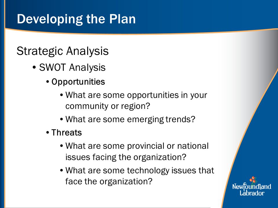 Developing the Plan Strategic Analysis SWOT Analysis Opportunities