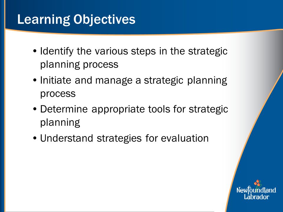Learning Objectives Identify the various steps in the strategic planning process. Initiate and manage a strategic planning process.