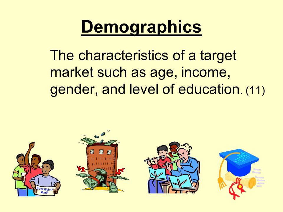 Demographics The characteristics of a target market such as age, income, gender, and level of education.