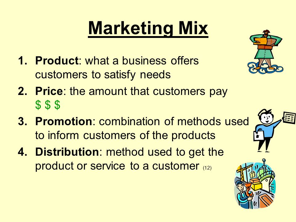 Marketing Mix Product: what a business offers customers to satisfy needs. Price: the amount that customers pay $ $ $