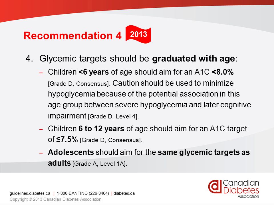 Recommendation 4 Glycemic targets should be graduated with age: 2013